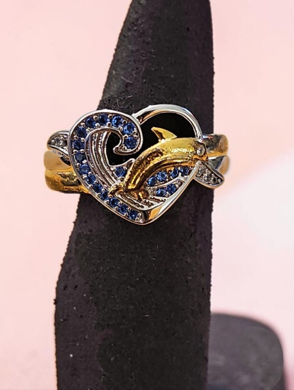 Nwt Sassified Boutique S924 & Gold Dolphin Heart Ring with Blue Crystal Accents